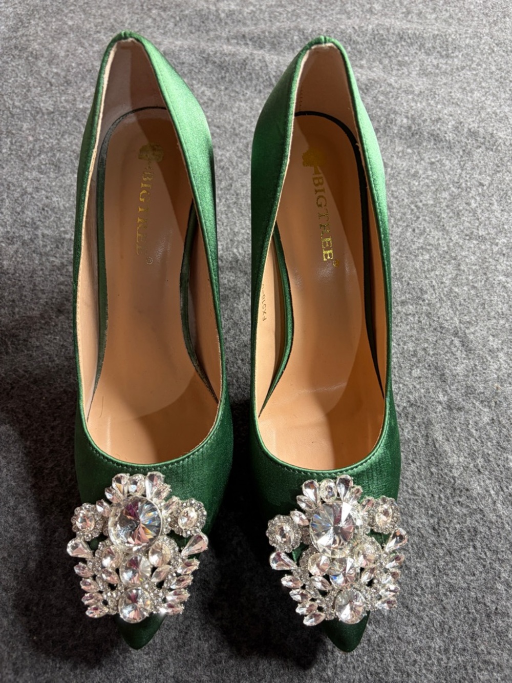 Green Satin Pointed-Toe Crystal Pumps